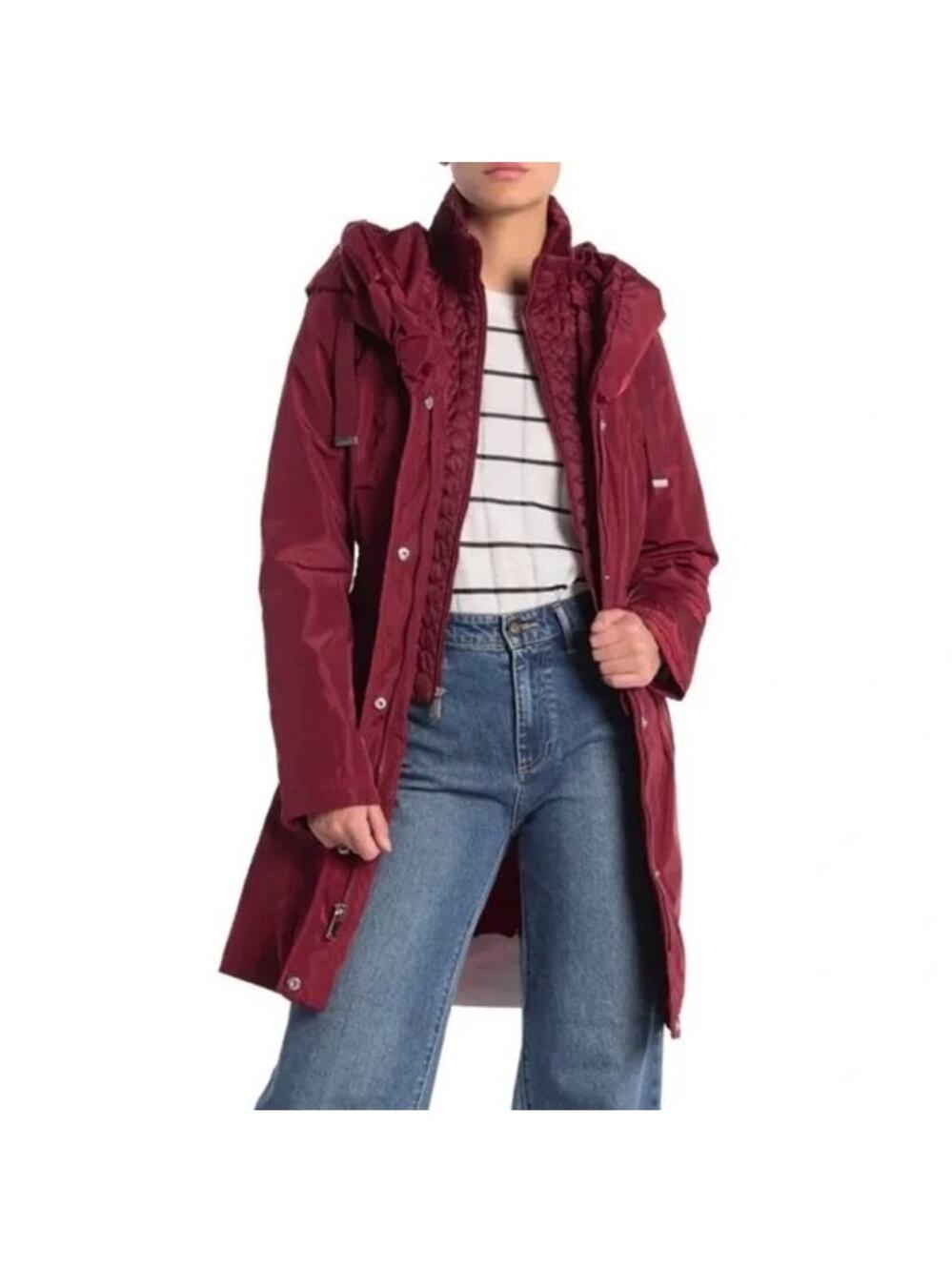 Laundry by Shelli Segal Parka Coat Jacket Burgundy Medium Hooded Quilted